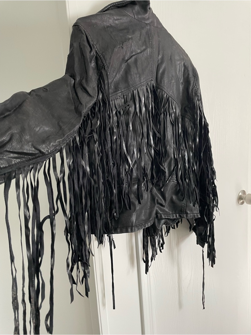 Black Leather Fringe Moto Jacket by Unbranded - Picture 3 of 12